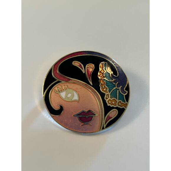 Vtg Art Deco Style Lady Cloisonne Brooch Pin - Picture 1 of 6